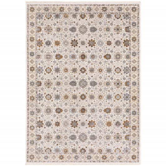 10' X 13' Ivory And Gold Oriental Power Loom Stain Resistant Area Rug With Fringe - 22.0" (L) x 36.0" (W) x 0.2" (H)