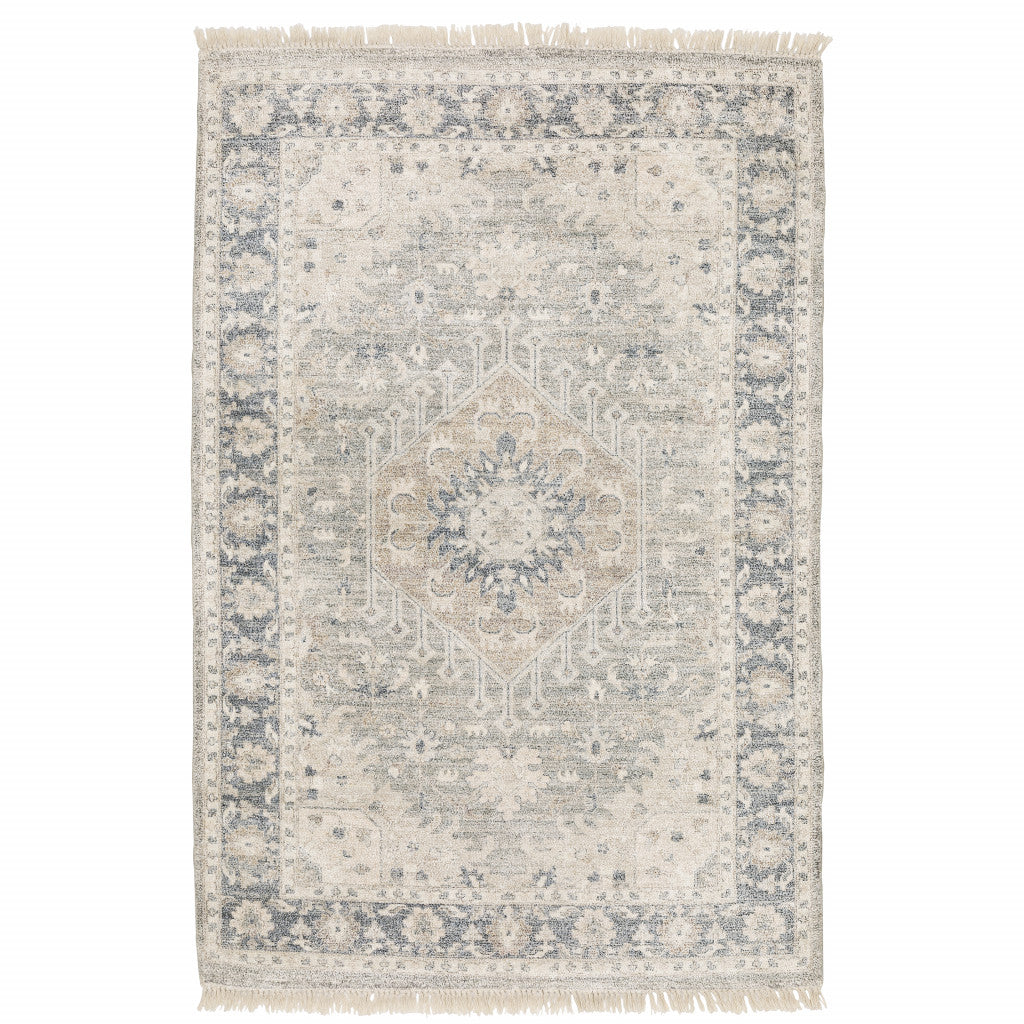 10' X 13' Beige And Grey Oriental Hand Loomed Stain Resistant Area Rug With Fringe - 0.23" (L) x 155.91" (W) x 119.69" (H)