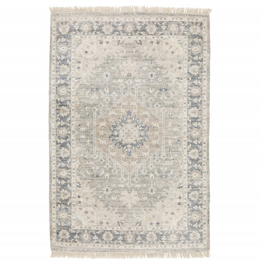 10' X 13' Beige And Grey Oriental Hand Loomed Stain Resistant Area Rug With Fringe - 0.23" (L) x 155.91" (W) x 119.69" (H)