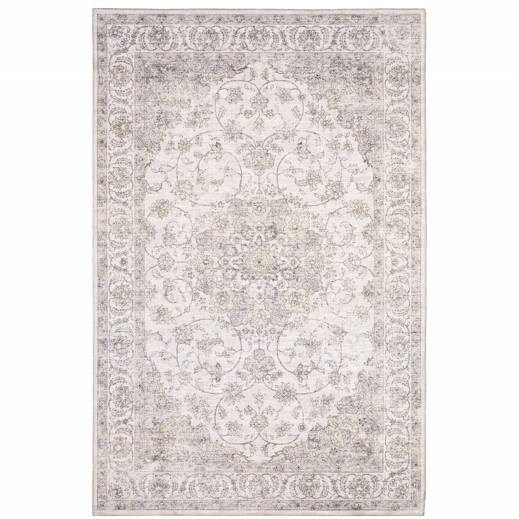 9' X 12' Beige Gold And Grey Oriental Power Loom Stain Resistant Area Rug - 104.72" (H) x 144.09" (W) x 0.11" (D)