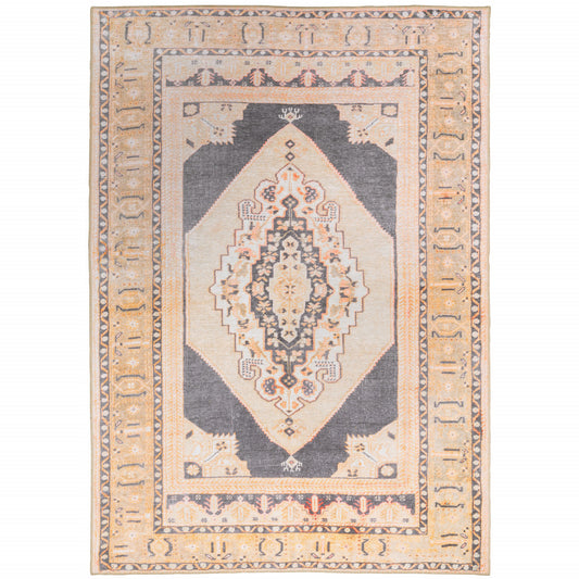 4' X 6' Grey And Gold Oriental Power Loom Stain Resistant Area Rug - 51.18" (H) x 74.8" (W) x 0.07" (D)