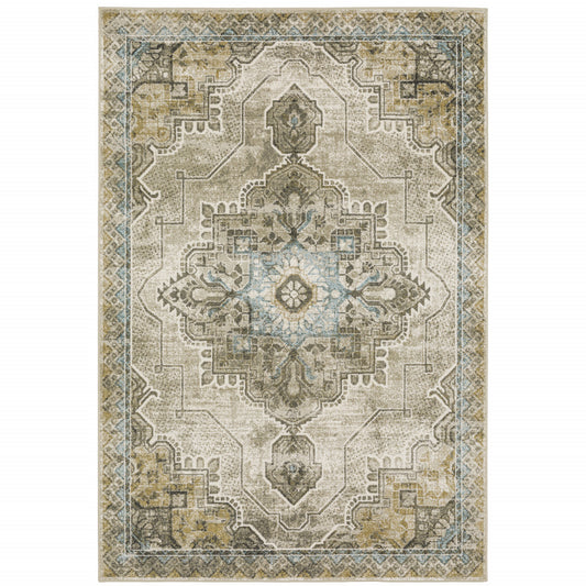 6' X 9' Grey Blue Beige And Gold Oriental Power Loom Stain Resistant Area Rug - 78.74" (H) x 110.24" (W) x 0.31" (D)