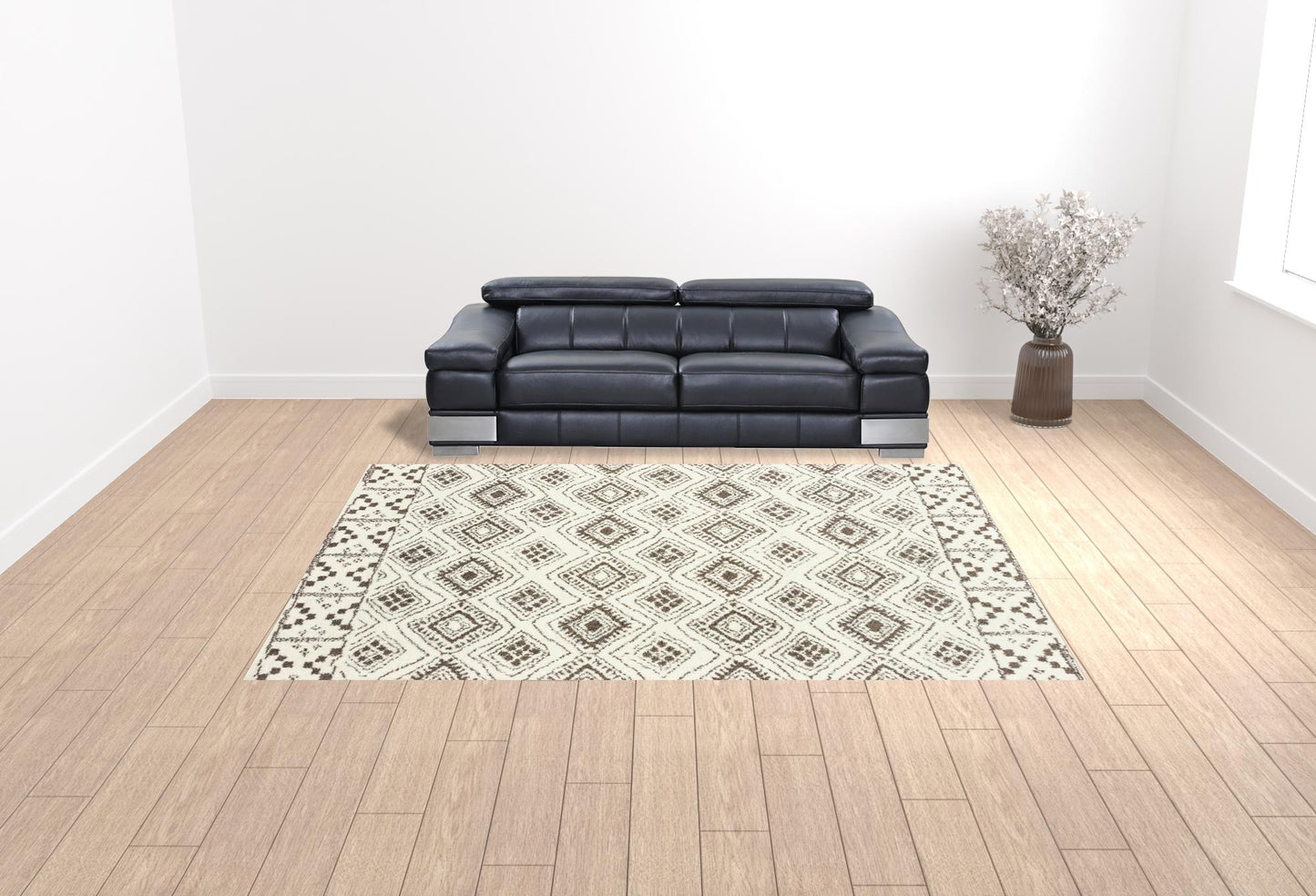 10' X 13' Ivory And Brown Geometric Shag Power Loom Stain Resistant Area Rug - 24.0" (L) x 36.0" (W) x 0.08" (H)