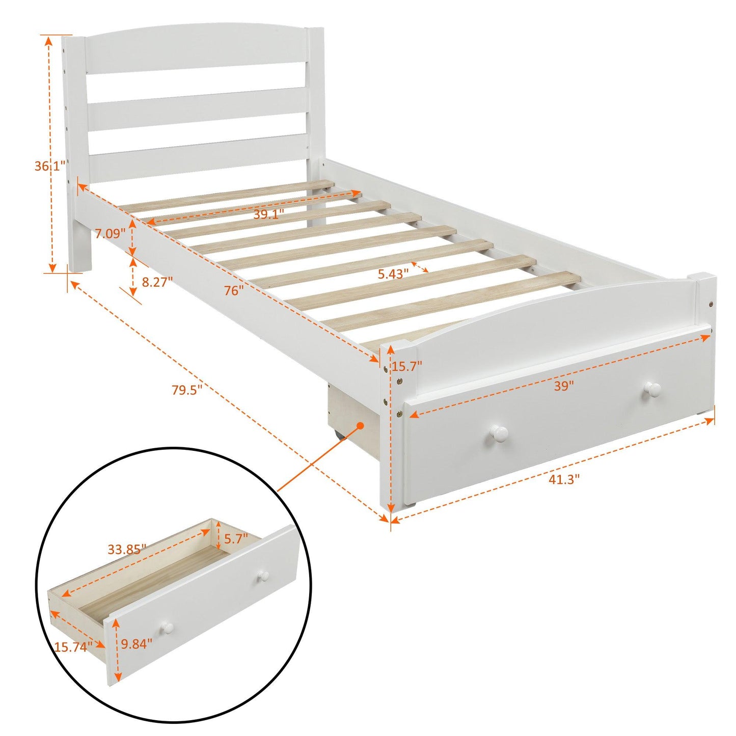 Platform Twin Bed Frame with Storage Drawer and Wood Slat Support No Box Spring Needed White - FurniFindUSA