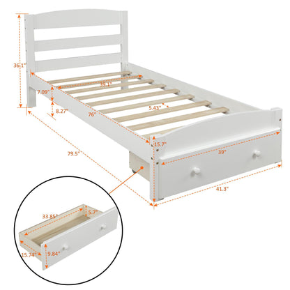 Platform Twin Bed Frame with Storage Drawer and Wood Slat Support No Box Spring Needed White - FurniFindUSA