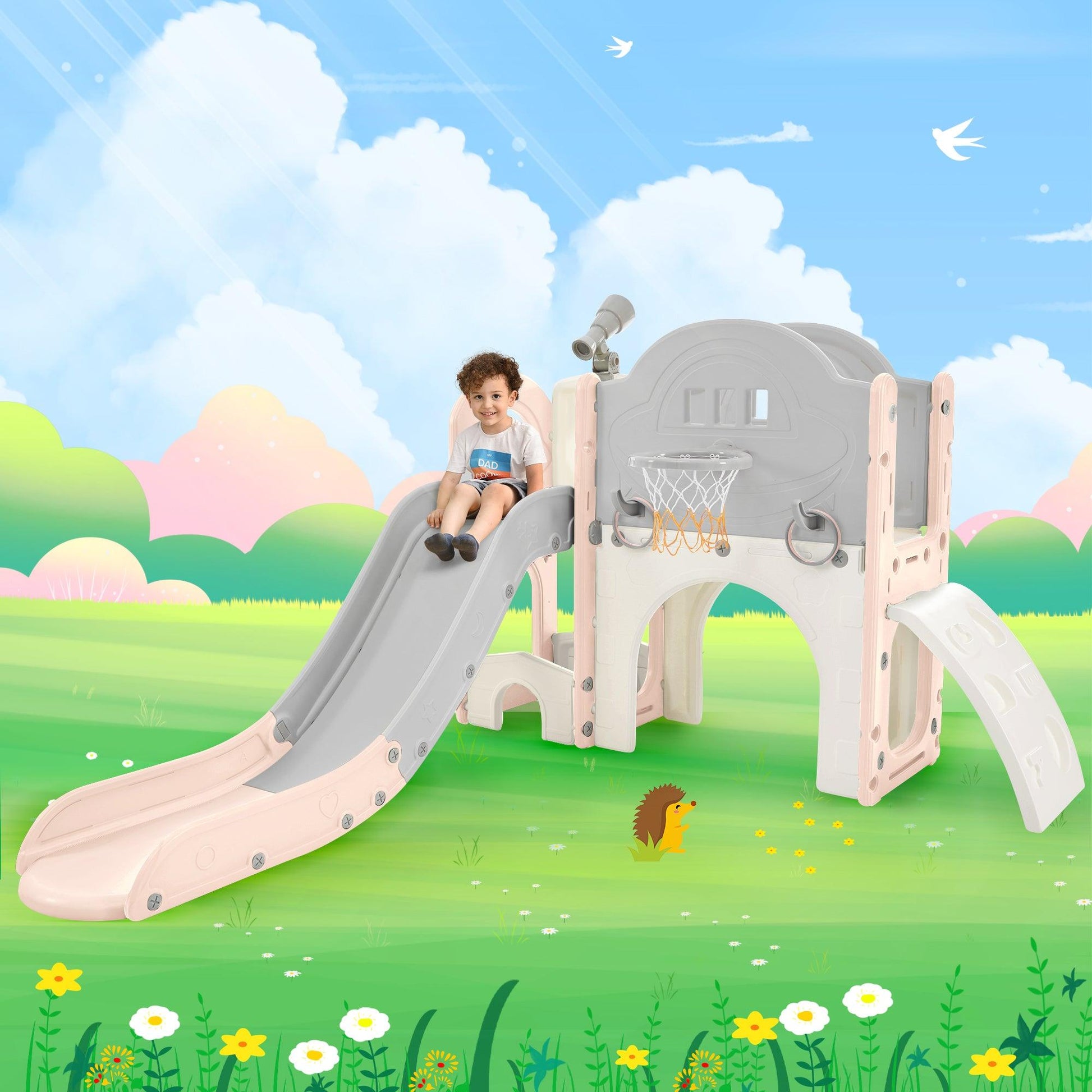 Kids Slide Playset Structure 7 in 1, Freestanding Spaceship Set with Slide, Arch Tunnel Pink+Grey + HDPE - FurniFindUSA