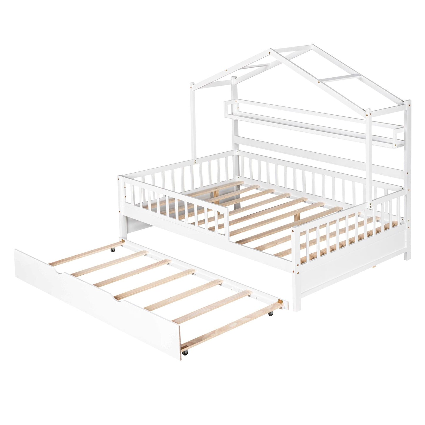 Wooden Full Size House Bed with Twin Size Trundle Kids Bed with Shelf White - FurniFindUSA