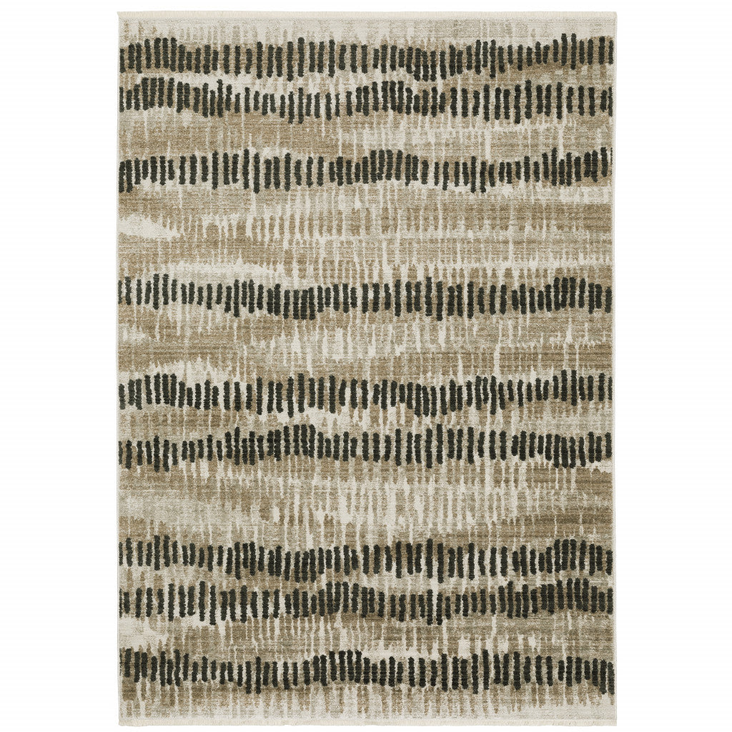 10' X 13' Beige Ivory Charcoal Brown Tan And Grey Abstract Power Loom Stain Resistant Area Rug With Fringe - 27.0" (L) x 180.0" (W) x 0.6" (H)