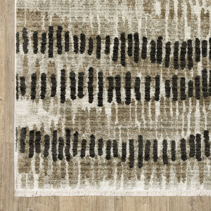 10' X 13' Beige Ivory Charcoal Brown Tan And Grey Abstract Power Loom Stain Resistant Area Rug With Fringe - 27.0" (L) x 180.0" (W) x 0.6" (H)