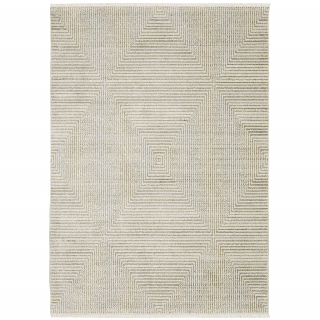 10' X 13' Ivory Beige Taupe And Tan Geometric Power Loom Stain Resistant Area Rug With Fringe - 24.0" (L) x 36.0" (W) x 0.4" (H)