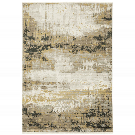 10' X 13' Grey Gold Black Charcoal And Beige Abstract Power Loom Stain Resistant Area Rug With Fringe - 20.0" (L) x 34.0" (W) x 0.63" (H)