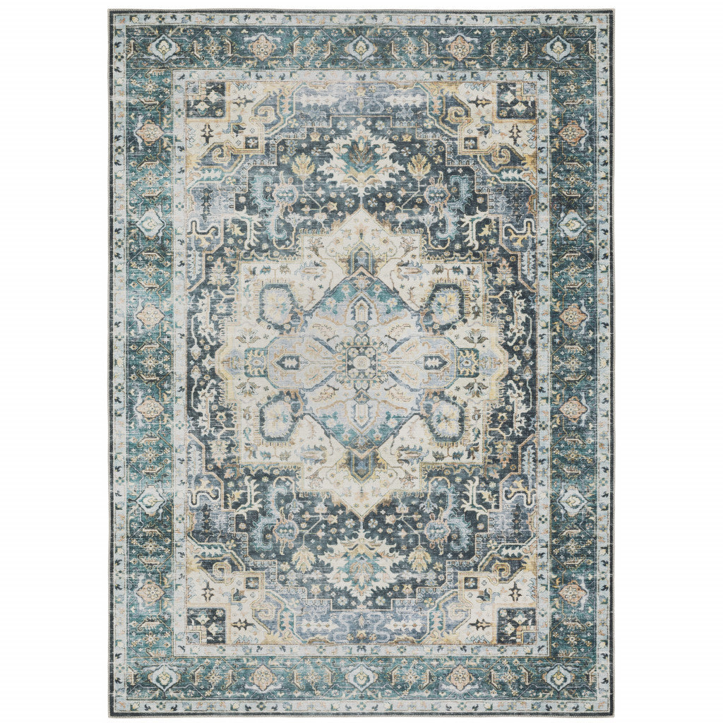 2' X 3' Blue Ivory Teal Brown And Gold Oriental Printed Stain Resistant Non Skid Area Rug - 47.24" (L) x 47.24" (W) x 0.43" (H)