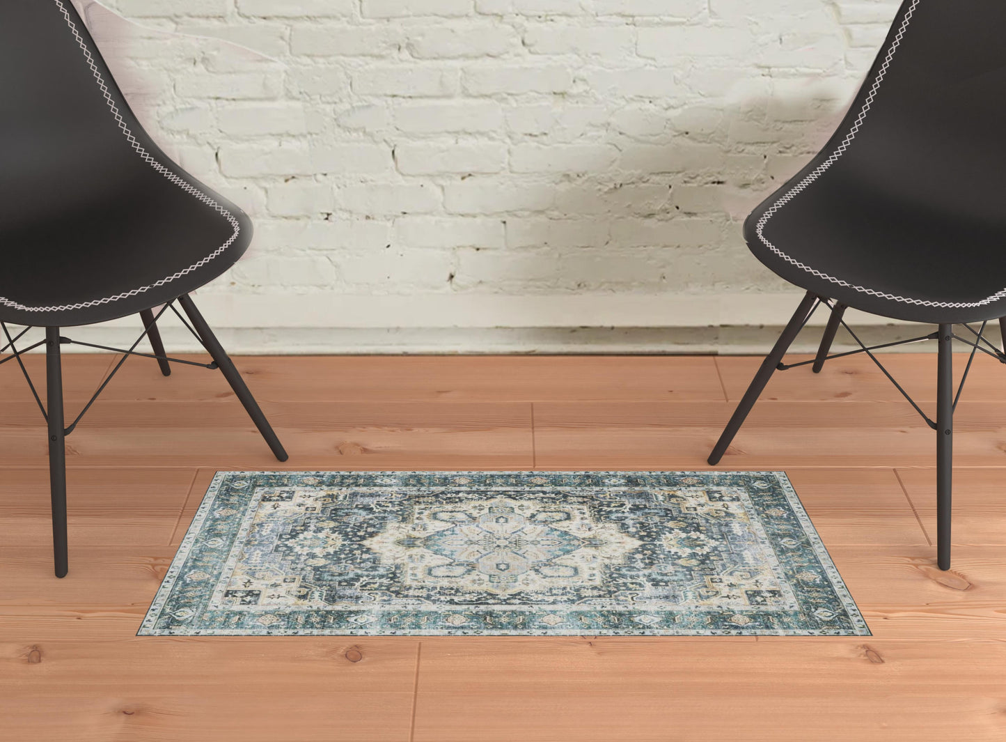 2' X 3' Blue Ivory Teal Brown And Gold Oriental Printed Stain Resistant Non Skid Area Rug - 47.24" (L) x 47.24" (W) x 0.43" (H)