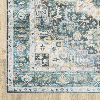 2' X 3' Blue Ivory Teal Brown And Gold Oriental Printed Stain Resistant Non Skid Area Rug - 47.24" (L) x 47.24" (W) x 0.43" (H)