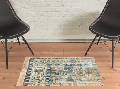 2' X 3' Blue And Gold Oriental Printed Non Skid Area Rug - 45.0" (L) x 69.0" (W) x 1.0" (H)