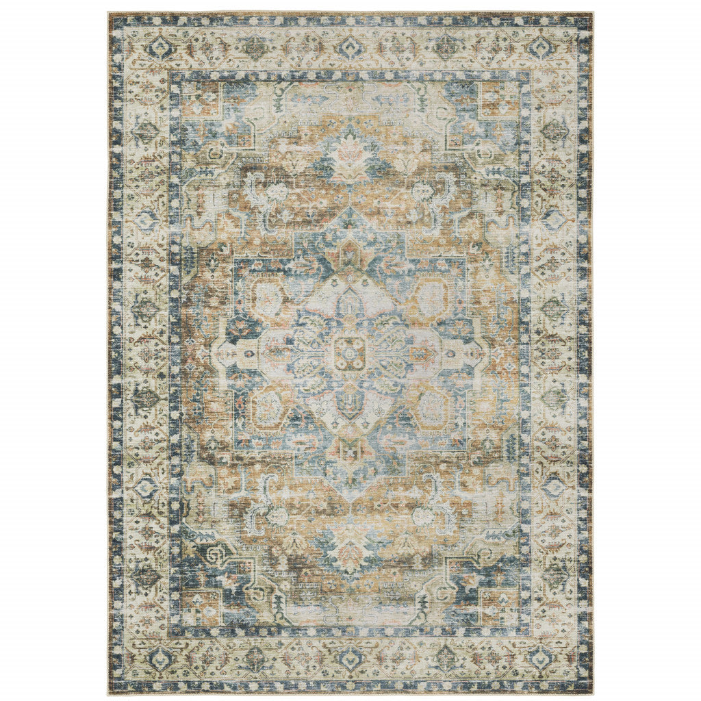 5' X 7' Blue Gold Brown Green And Salmon Oriental Printed Stain Resistant Non Skid Area Rug - 59.84" (H) x 83.86" (W) x 0.12" (D)