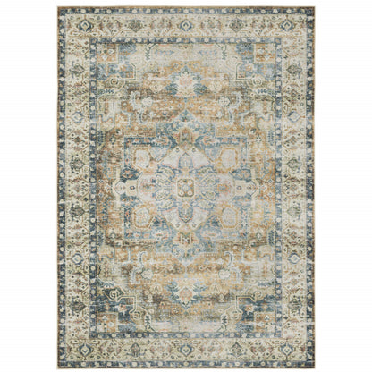 5' X 7' Blue Gold Brown Green And Salmon Oriental Printed Stain Resistant Non Skid Area Rug - 59.84" (H) x 83.86" (W) x 0.12" (D)