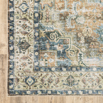 5' X 7' Blue Gold Brown Green And Salmon Oriental Printed Stain Resistant Non Skid Area Rug - 59.84" (H) x 83.86" (W) x 0.12" (D)