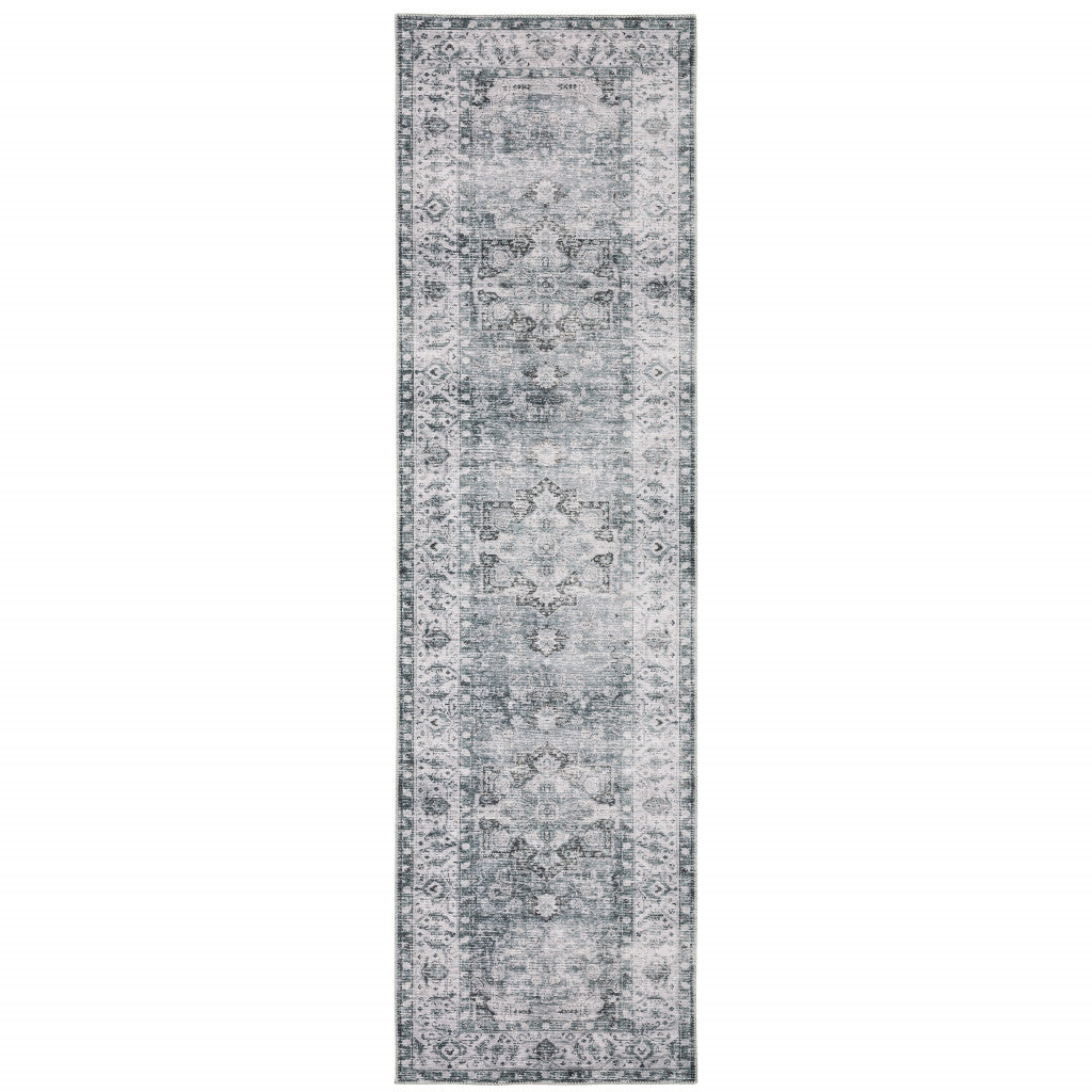 8' Gray And Ivory Oriental Printed Non Skid Runner Rug - 24.02" (H) x 96.06" (W) x 0.12" (D)