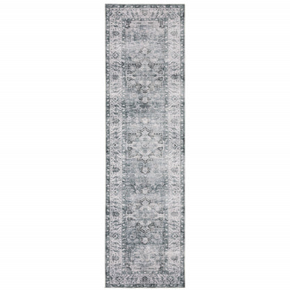 8' Gray And Ivory Oriental Printed Non Skid Runner Rug - 24.02" (H) x 96.06" (W) x 0.12" (D)