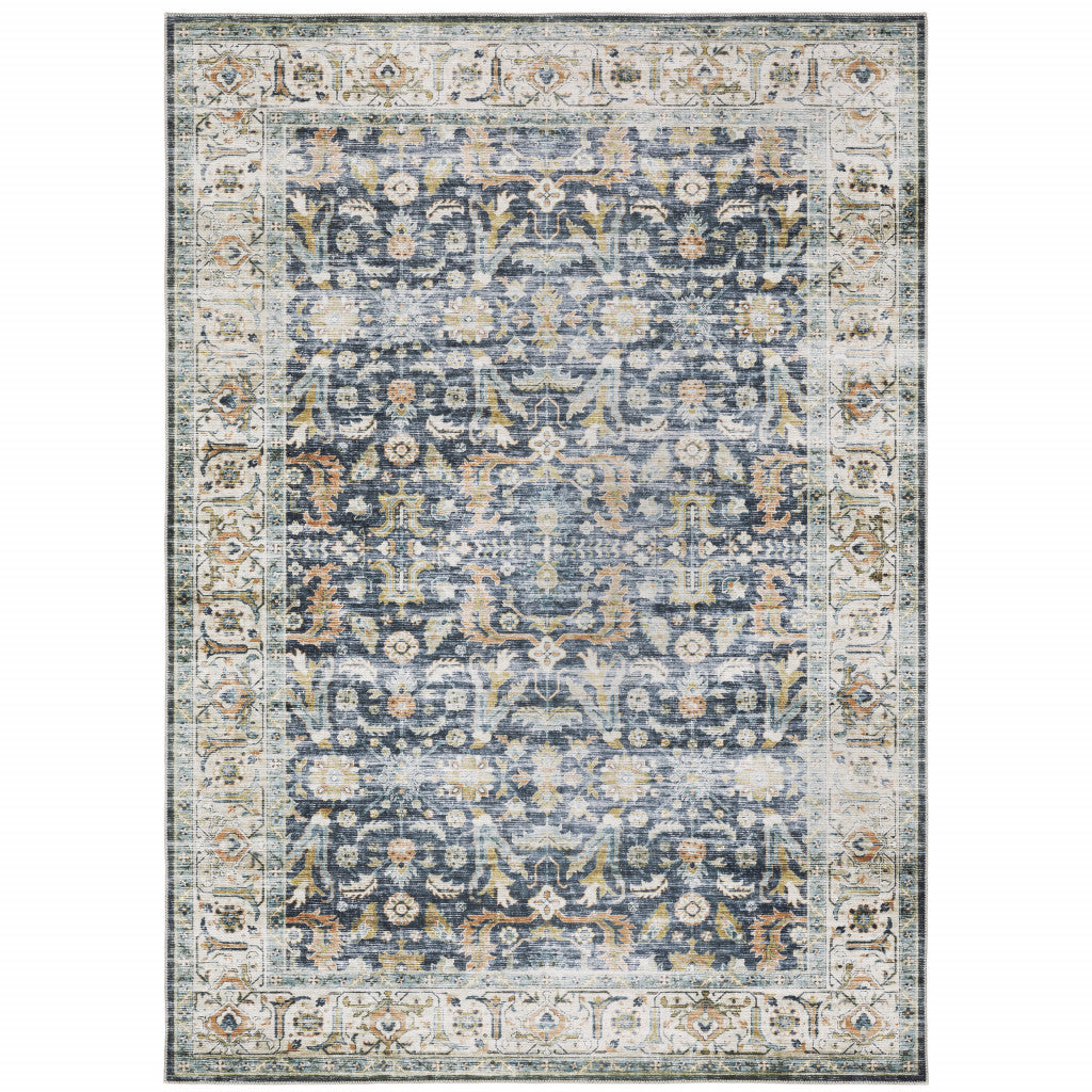 5' X 7' Blue Gold Rust Ivory And Olive Oriental Printed Stain Resistant Non Skid Area Rug - 59.84" (H) x 83.86" (W) x 0.12" (D)