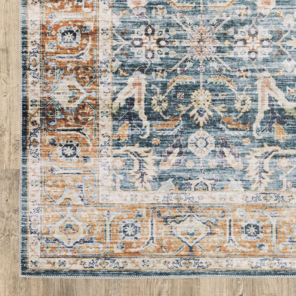 2' X 3' Blue Rust Gold And Olive Oriental Printed Stain Resistant Non Skid Area Rug - 5.0" (L) x 5.0" (W) x 0.4" (H)