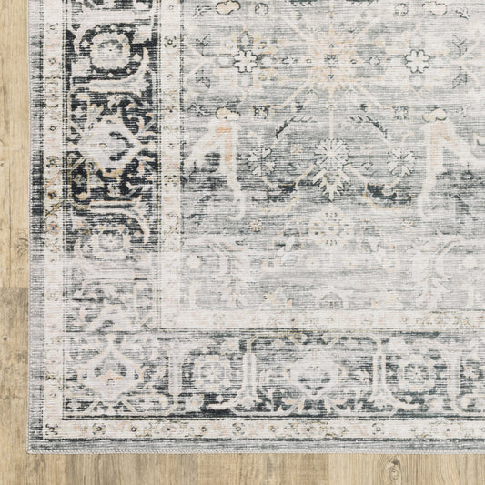 2' X 3' Charcoal Grey Salmon And Ivory Oriental Printed Stain Resistant Non Skid Area Rug - 47.24" (L) x 47.24" (W) x 0.35" (H)