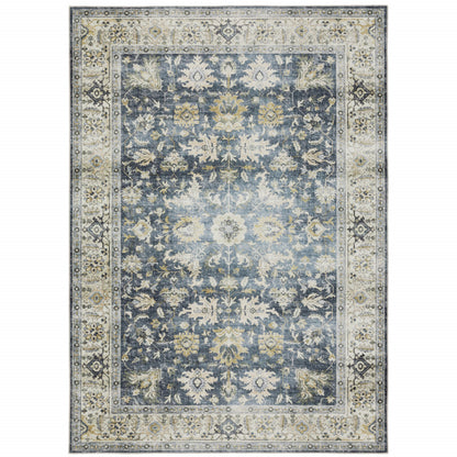 5' X 7' Blue Gold Green And Ivory Oriental Printed Stain Resistant Non Skid Area Rug - 59.84" (H) x 83.86" (W) x 0.12" (D)