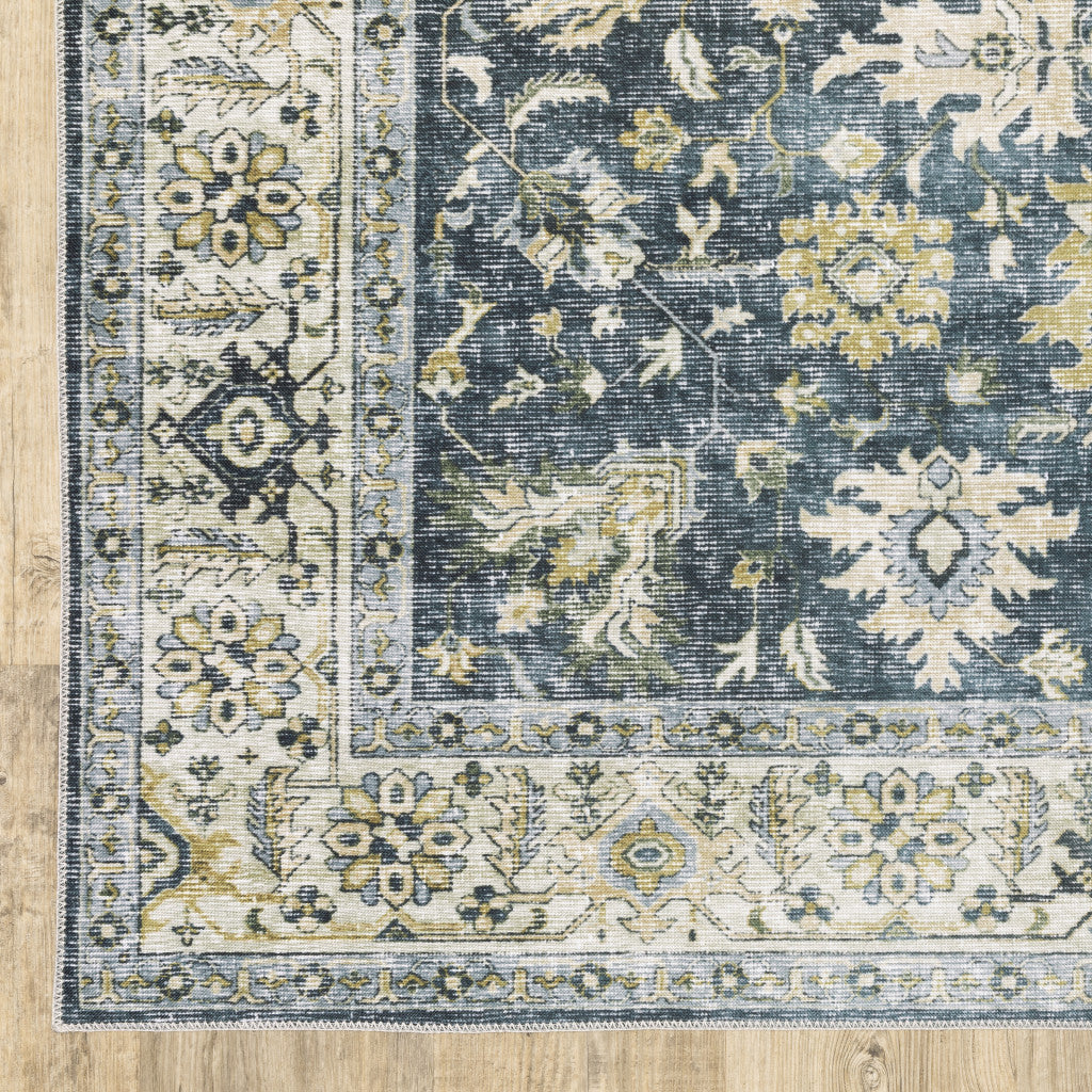 5' X 7' Blue Gold Green And Ivory Oriental Printed Stain Resistant Non Skid Area Rug - 59.84" (H) x 83.86" (W) x 0.12" (D)