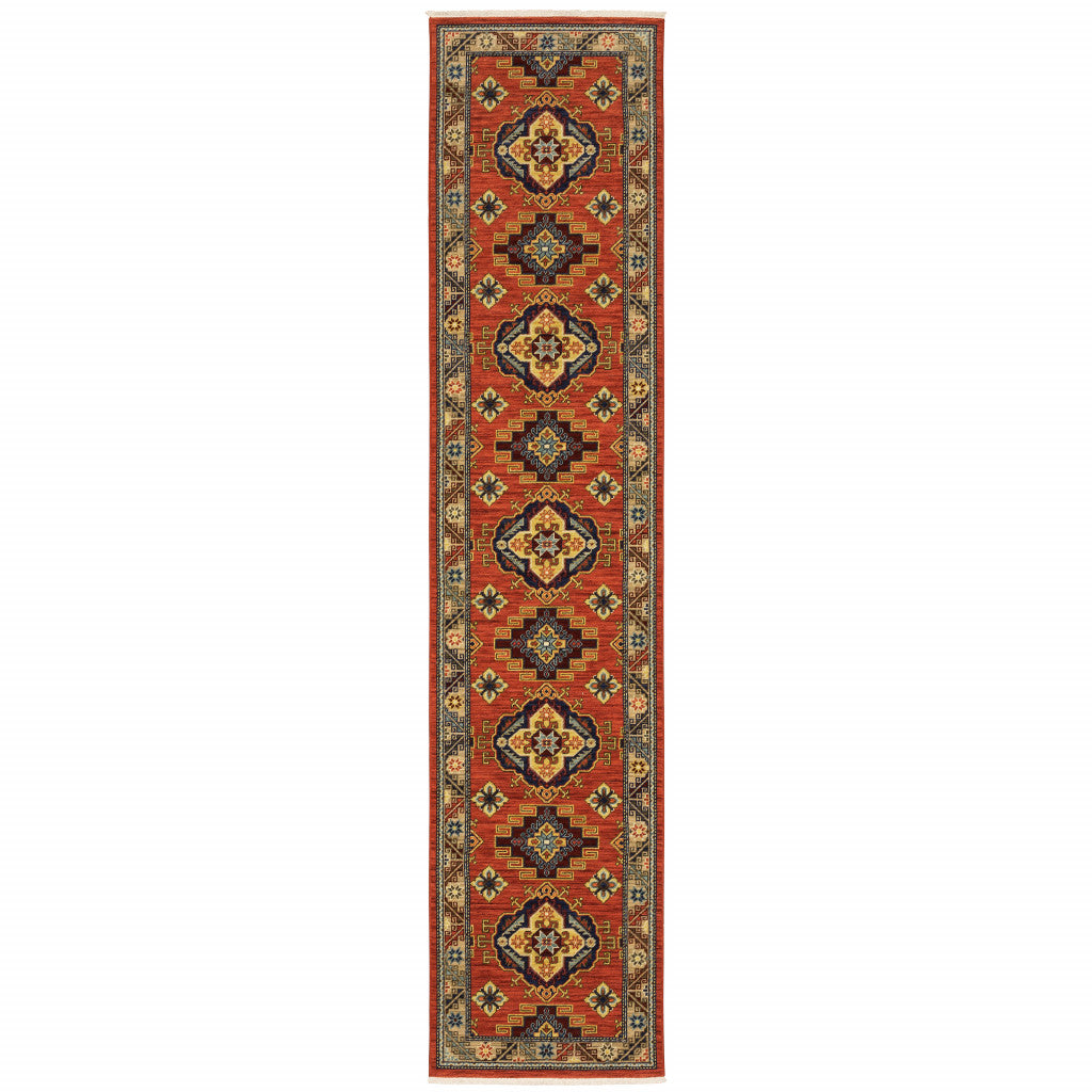 12' Red Gold Blue Brown Oriental Power Loom Runner Rug With Fringe - 26.77" (L) x 90.55" (W) x 0.78" (H)