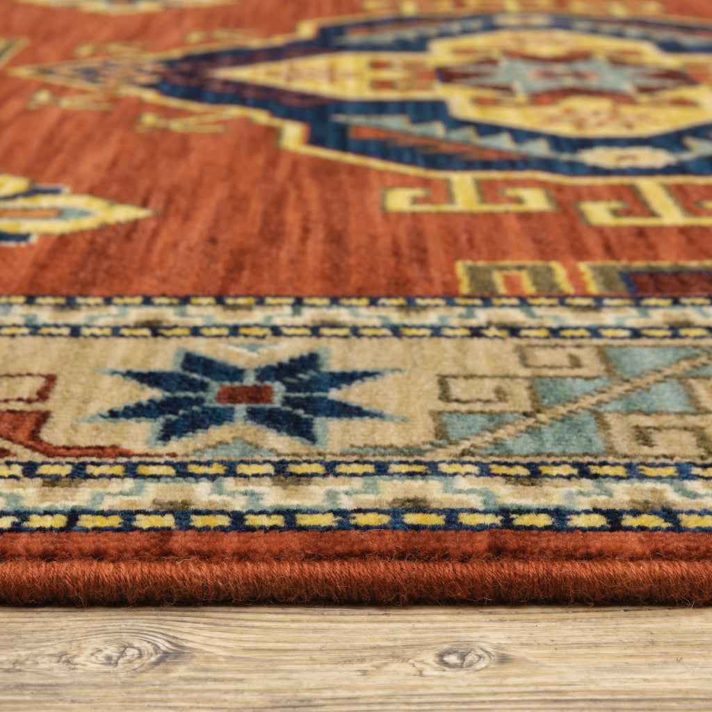 12' Red Gold Blue Brown Oriental Power Loom Runner Rug With Fringe - 26.77" (L) x 90.55" (W) x 0.78" (H)