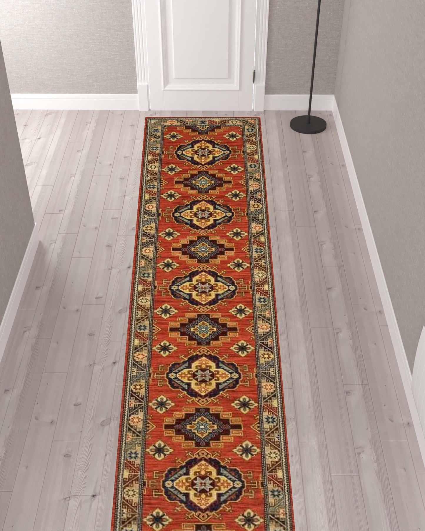 12' Red Gold Blue Brown Oriental Power Loom Runner Rug With Fringe - 26.77" (L) x 90.55" (W) x 0.78" (H)