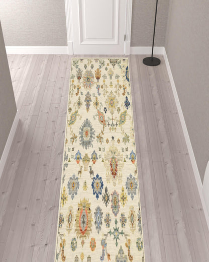 2' X 10' Blue And Ivory Oriental Power Loom Runner Rug With Fringe - 36.0" (L) x 60.0" (W) x 0.43" (H)