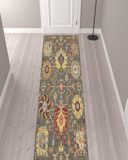 2' X 10' Gray And Ivory Oriental Power Loom Runner Rug With Fringe