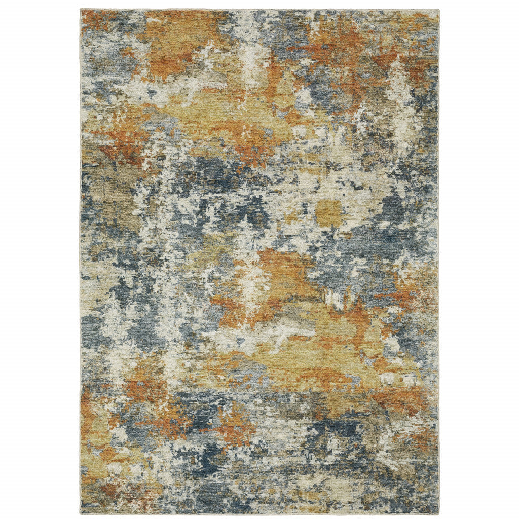 2' X 3' Teal Blue Orange Gold Grey Tan Brown And Beige Abstract Printed Stain Resistant Non Skid Area Rug - 63.0" (L) x 87.0" (W) x 0.08" (H) FurniFindUSA