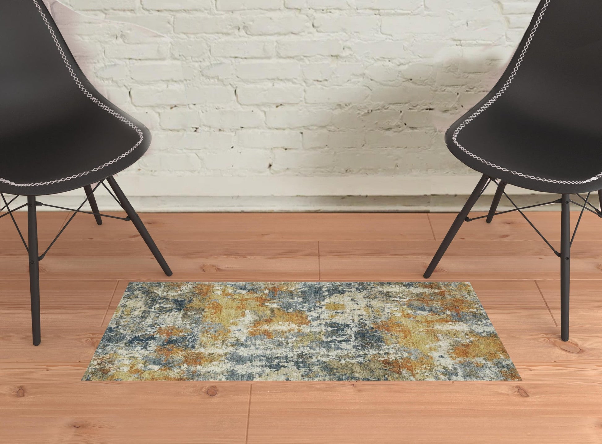 2' X 3' Teal Blue Orange Gold Grey Tan Brown And Beige Abstract Printed Stain Resistant Non Skid Area Rug - 63.0" (L) x 87.0" (W) x 0.08" (H) FurniFindUSA