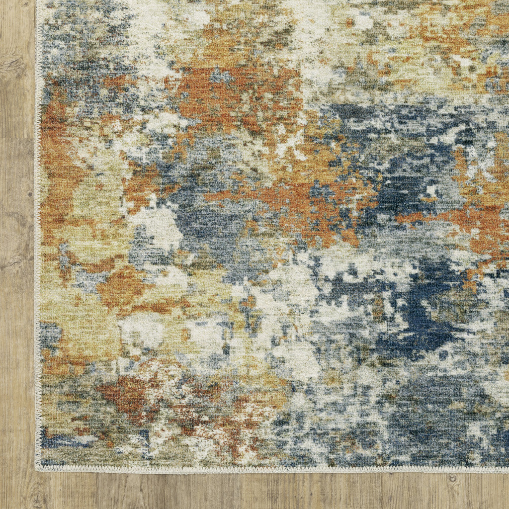 2' X 3' Teal Blue Orange Gold Grey Tan Brown And Beige Abstract Printed Stain Resistant Non Skid Area Rug - 63.0" (L) x 87.0" (W) x 0.08" (H) FurniFindUSA
