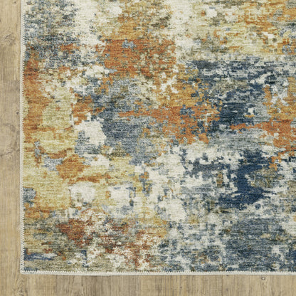 8' X 10' Teal Blue Orange Gold Grey Tan Brown And Beige Abstract Printed Stain Resistant Non Skid Area Rug - 89.76" (H) x 120.08" (W) x 0.12" (D)