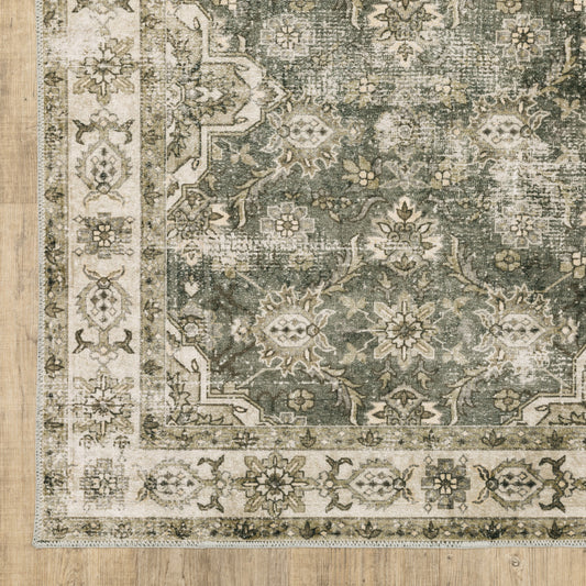 4' X 6' Green Brown Beige Yellow And Olive Oriental Printed Stain Resistant Non Skid Area Rug - 42.13" (H) x 66.14" (W) x 0.12" (D)