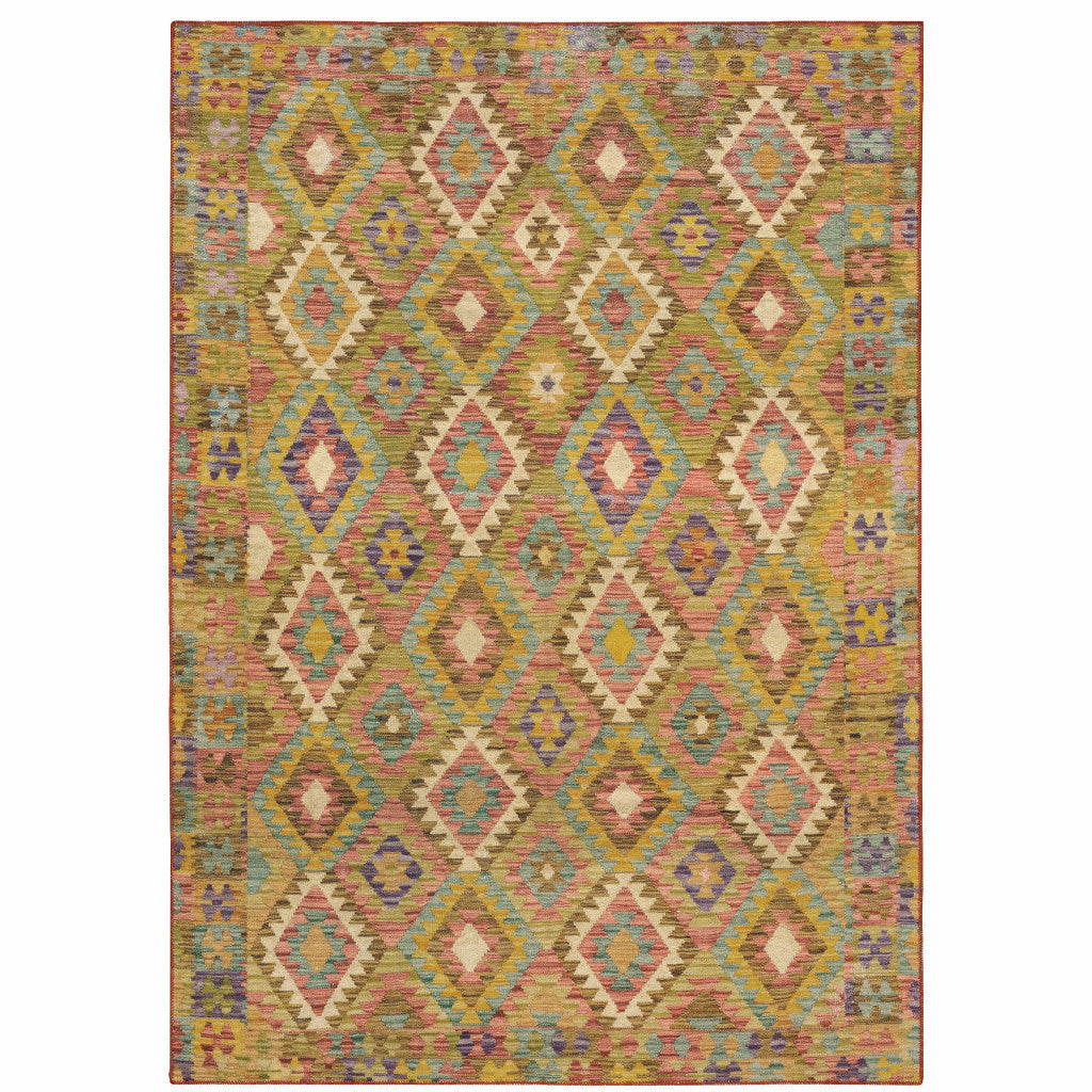 2' X 3' Gold Orange Brown Red Green Purple And Beige Southwestern Printed Stain Resistant Non Skid Area Rug - 48.0" (L) x 72.0" (W) x 0.63" (H)