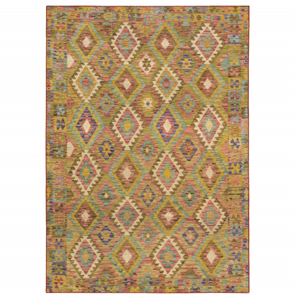 2' X 3' Gold Orange Brown Red Green Purple And Beige Southwestern Printed Stain Resistant Non Skid Area Rug - 48.0" (L) x 72.0" (W) x 0.63" (H)