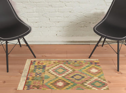 2' X 3' Gold Orange Brown Red Green Purple And Beige Southwestern Printed Stain Resistant Non Skid Area Rug - 48.0" (L) x 72.0" (W) x 0.63" (H)