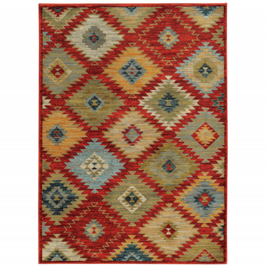 10' X 13' Red Green Gold Blue Teal And Ivory Geometric Power Loom Stain Resistant Area Rug - 22.44" (L) x 39.37" (W) x 1.96" (H)