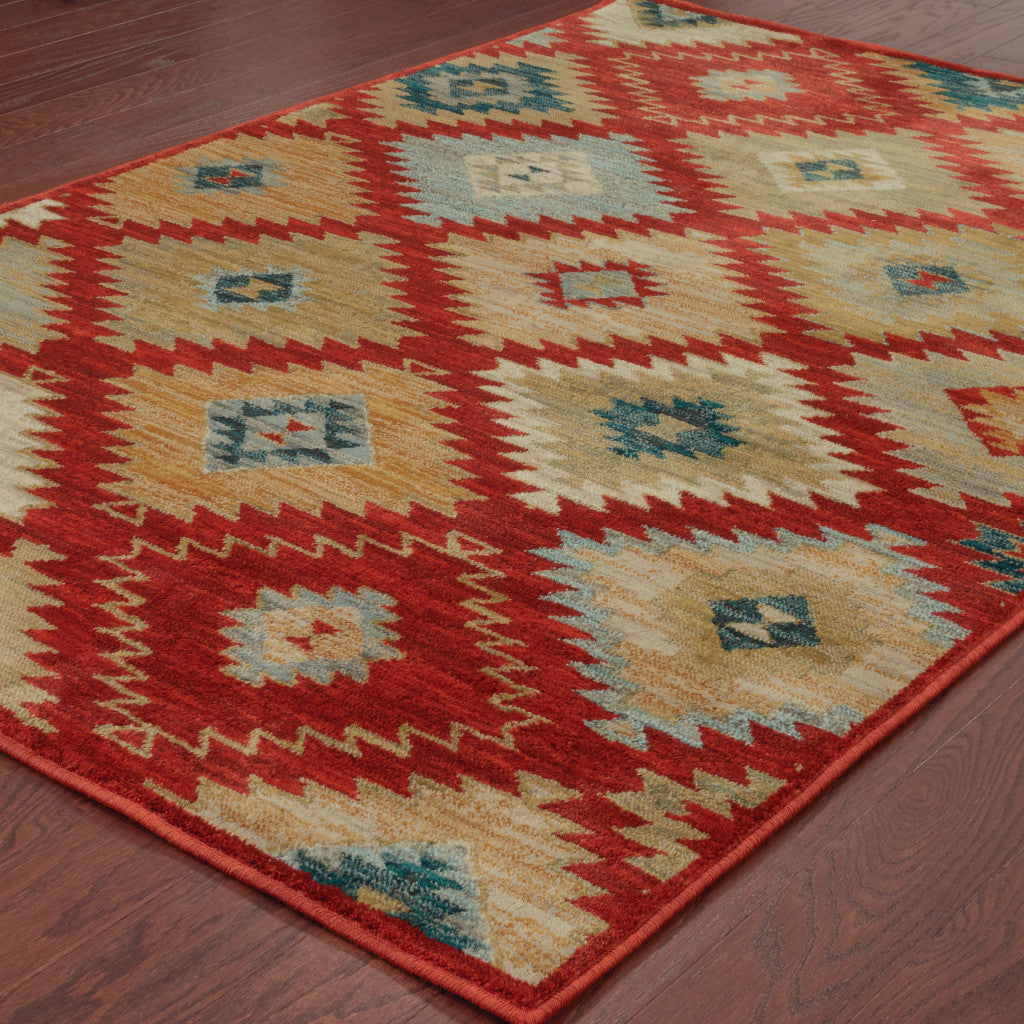 10' X 13' Red Green Gold Blue Teal And Ivory Geometric Power Loom Stain Resistant Area Rug - 22.44" (L) x 39.37" (W) x 1.96" (H)