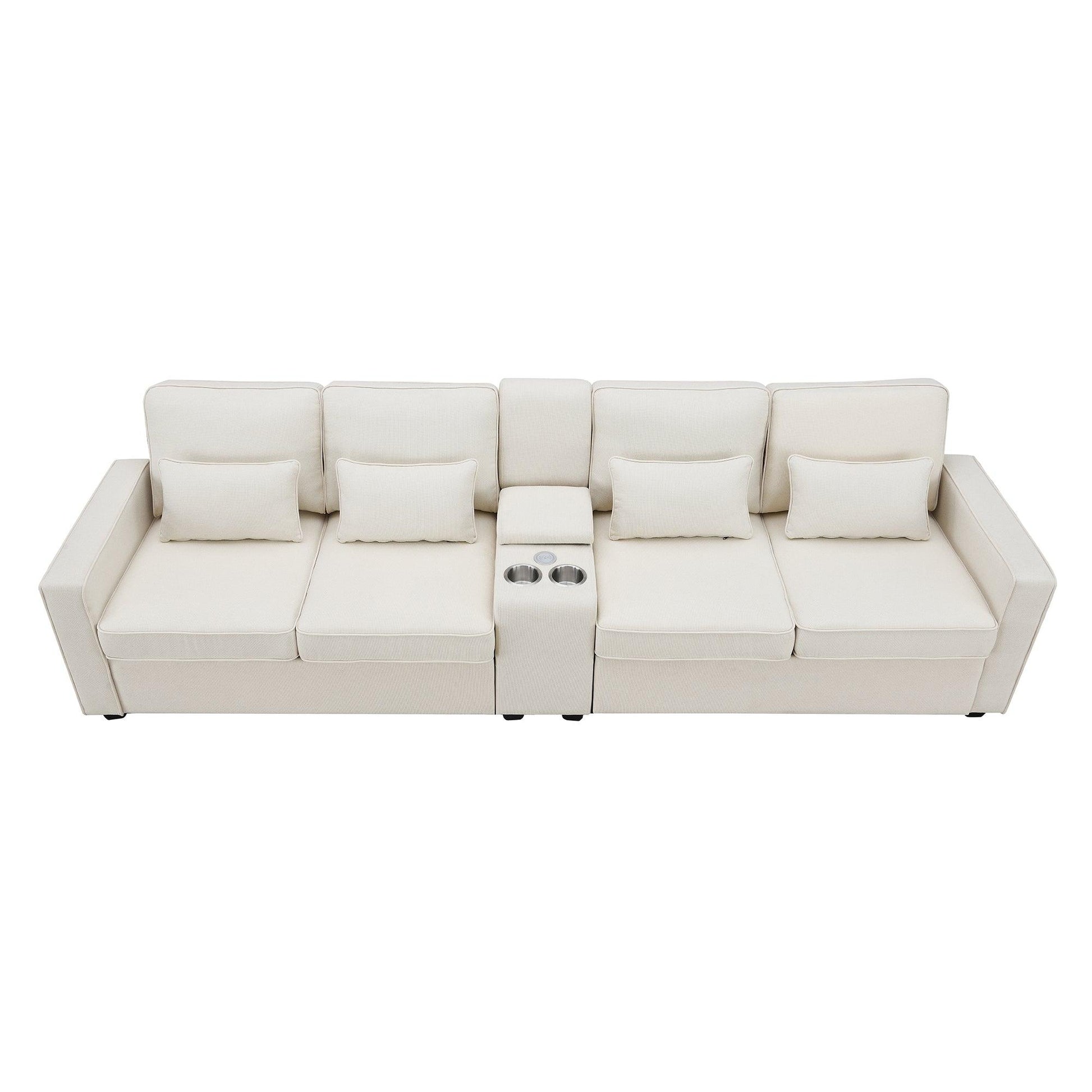 114.2" Upholstered Sofa with Console 2 Cupholders and 2 USB Ports Wired or Wirelessly Charged (4-Seat) - FurniFindUSA