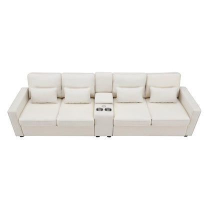 114.2" Upholstered Sofa with Console 2 Cupholders and 2 USB Ports Wired or Wirelessly Charged (4-Seat) - FurniFindUSA