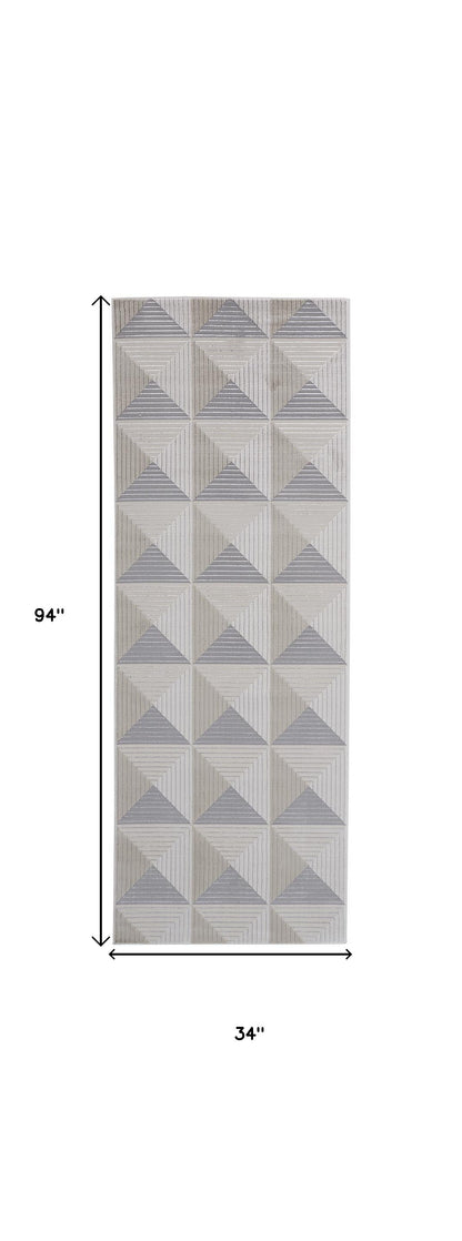 8' Gray and Ivory Geometric Power Loom Runner Rug - 34.0" (H) x 94.0" (W) x 0.39" (D)