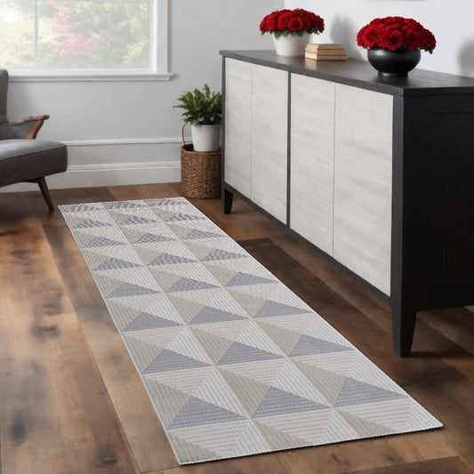 8' Gray and Ivory Geometric Power Loom Runner Rug - 34.0" (H) x 94.0" (W) x 0.39" (D)