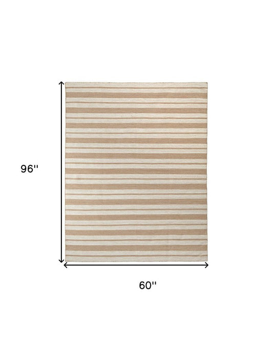 5' X 8' Ivory Taupe And Brown Striped Dhurrie Hand Woven Stain Resistant Area Rug