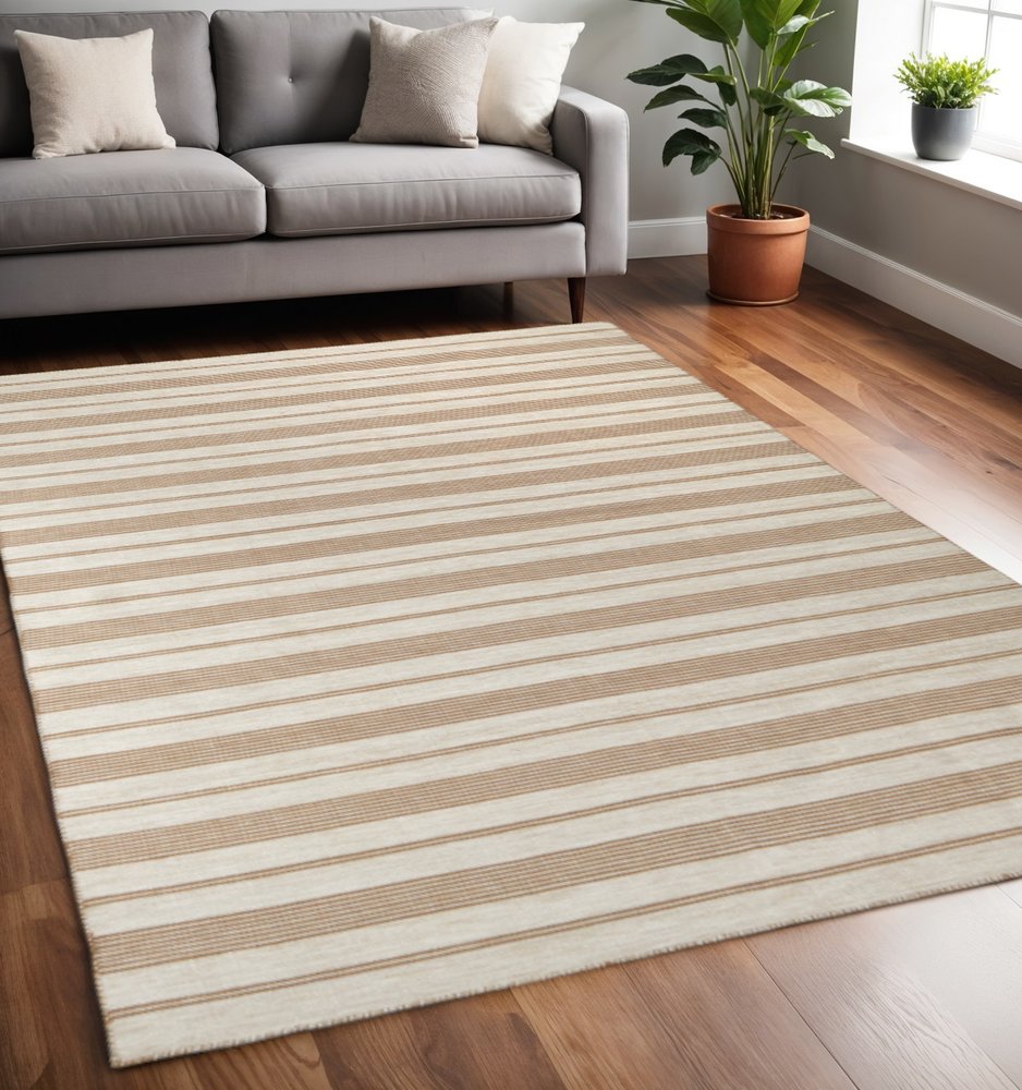 5' X 8' Ivory Taupe And Brown Striped Dhurrie Hand Woven Stain Resistant Area Rug HomeRoots
